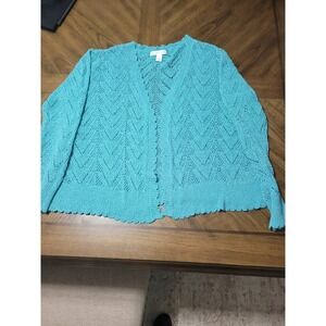 EMALINE Teal Crochet Knit Open Front Cardigan Sweater Women XL Scalloped Hem